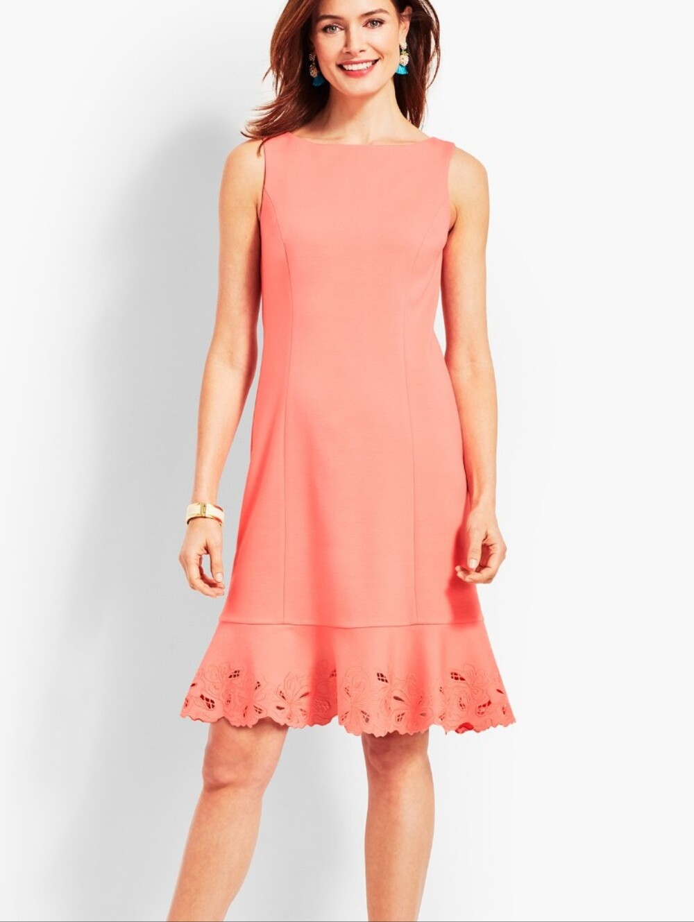 Talbots Embroidered Flounce Sheath Sleeveless Career Dress 16P peach Orange